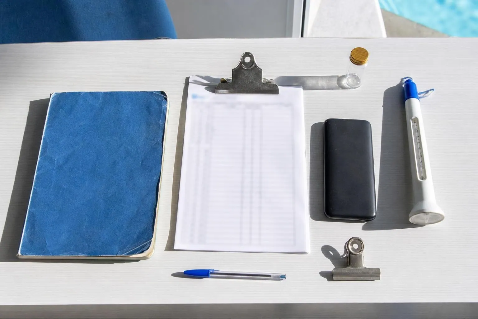 Un cahier plastifié, une feuille imprimée quadrillée et un téléphone posé face contre table sur un plan de travail blanc