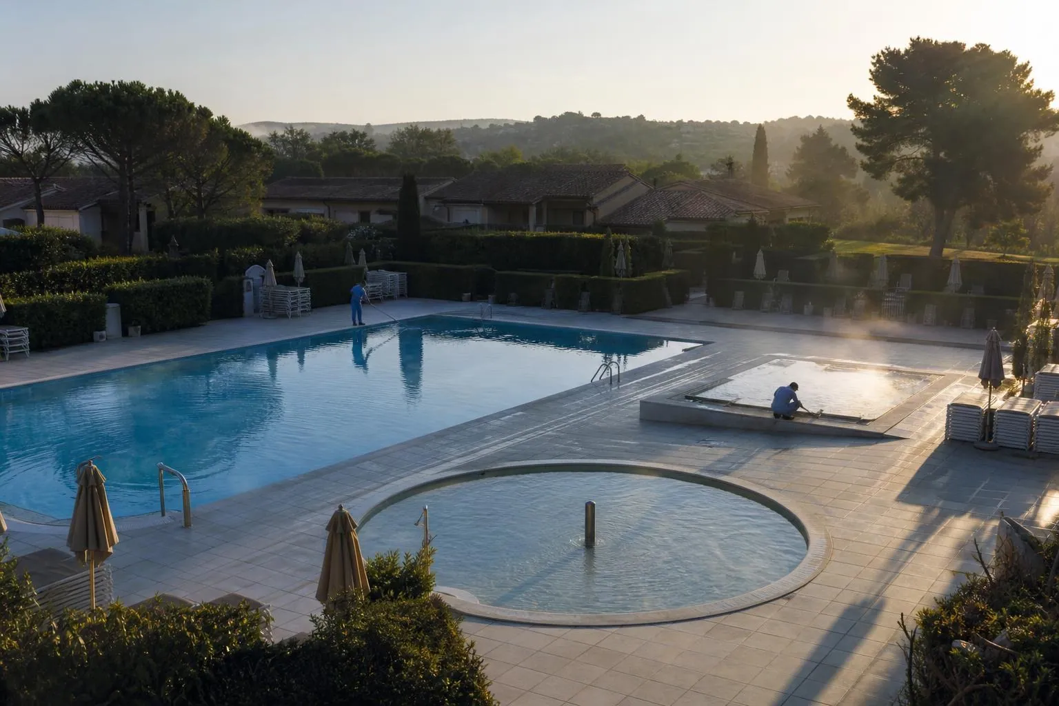 Vue en hauteur d’un ensemble aquatique de village vacances avec grand bassin, pataugeoire et bain à remous, au lever du jour