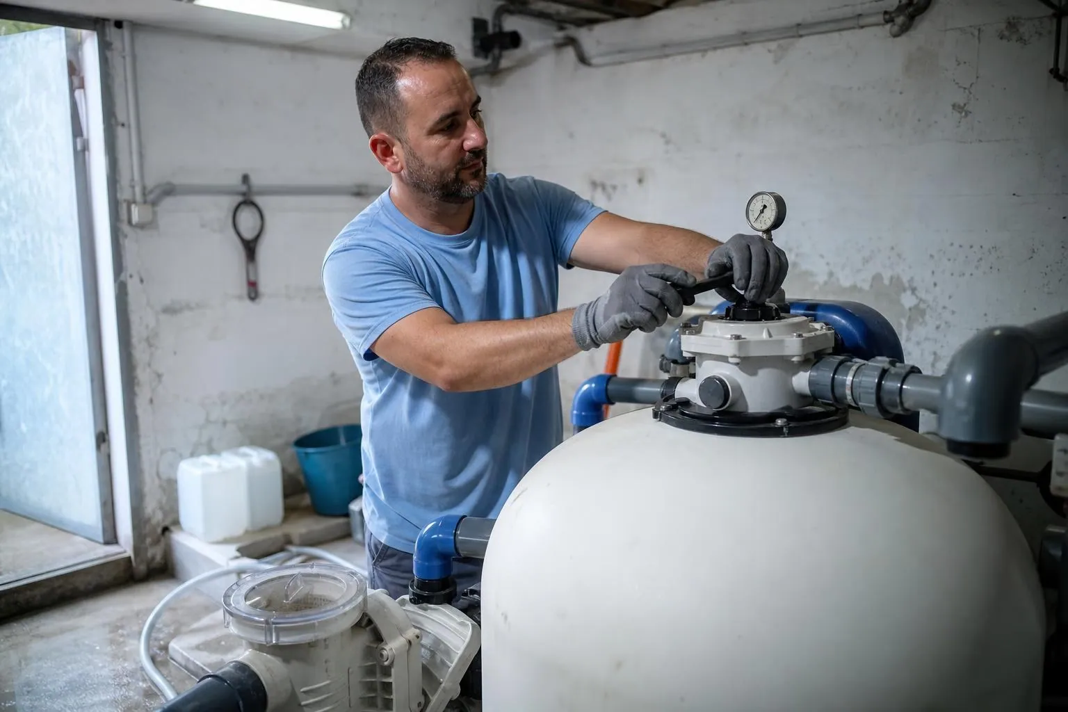 Un technicien manœuvre la vanne multivoies d’un filtre à sable dans un local technique de piscine, au printemps