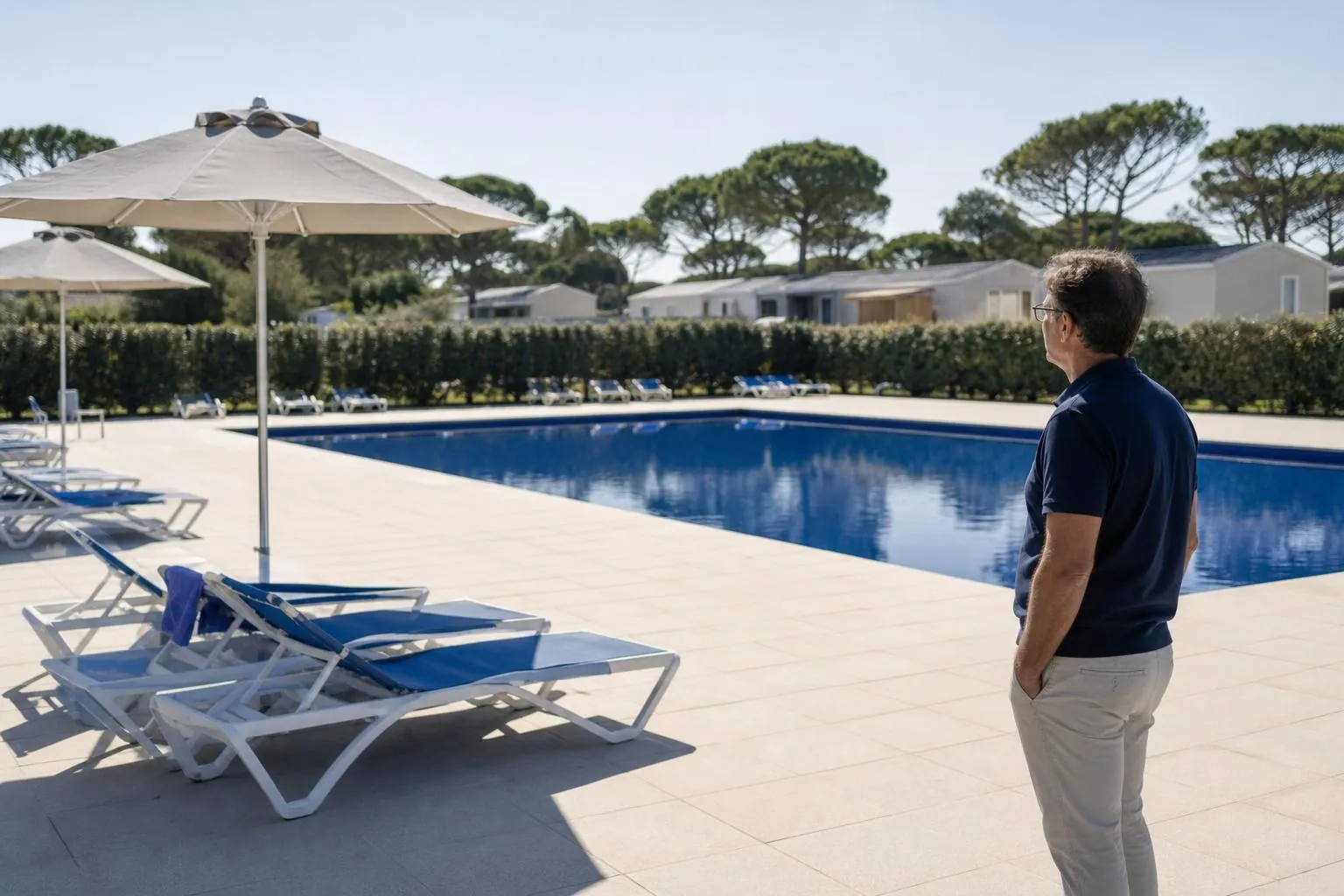 Un directeur de camping observe un bassin vide de baigneurs en plein après midi d’été, transats inoccupés autour