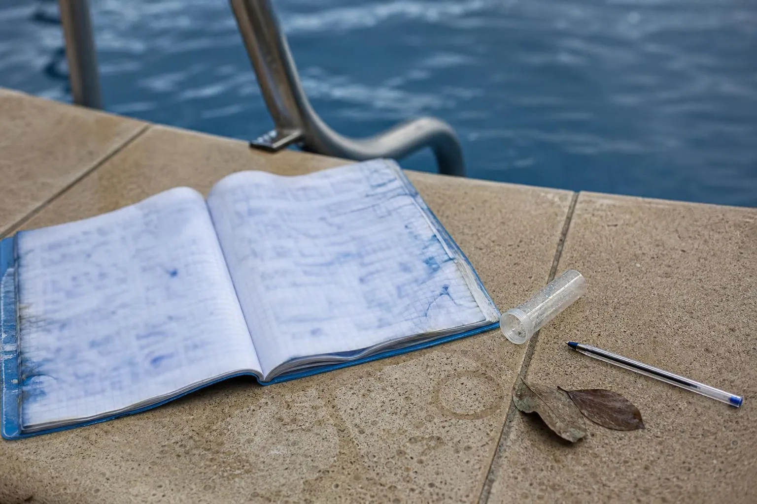 Un cahier de relevés à couverture plastifiée, gondolé par l’humidité, abandonné sur la margelle mouillée d’un bassin