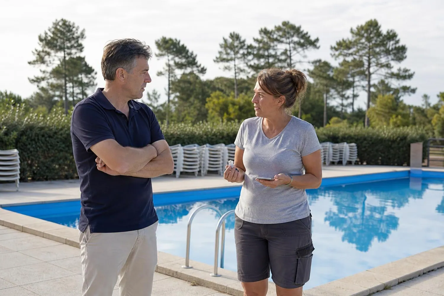 Un directeur de camping et un responsable technique discutent au bord d’un bassin exterieur vide, tot le matin