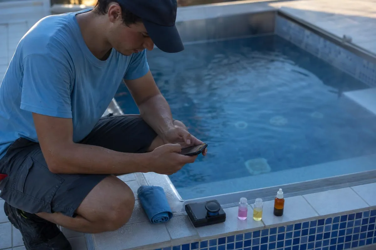 Un saisonnier note un releve sur son telephone au bord d’un bain a remous, un kit d’analyse pose sur la margelle